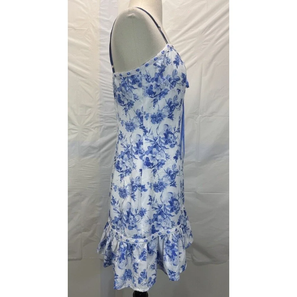 Altar'd State Floral Bow Dress Med White Blue Babydoll Short Ruffle Sweetheart - Picture 7 of 12